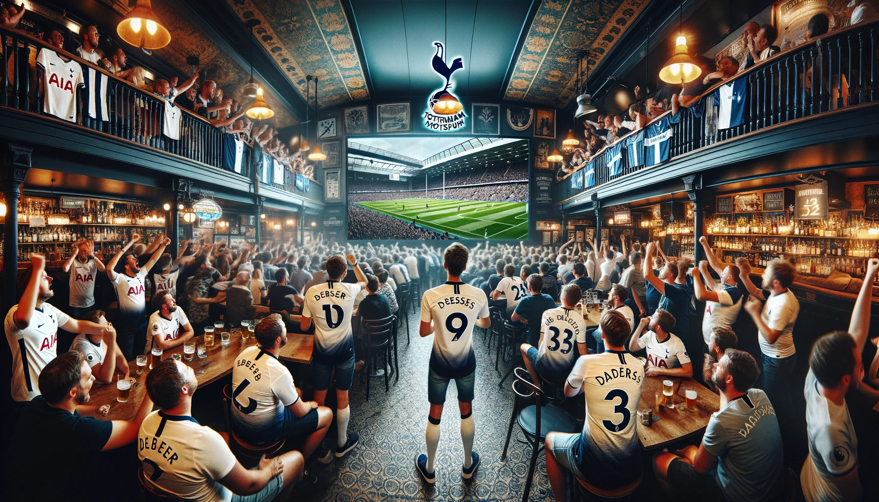 DALL·E 2024-04-06 18.06.05 – A wide, dynamic scene inside a bustling Swedish pub during a Tottenham Hotspur match, viewed in a 16_9 aspect ratio. The pub is filled with fans clad